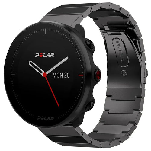 Premium Metal Strap, black, on a watch, 3/4 front view