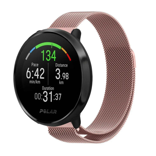 Milanese Strap, pink, on a watch, 3/4 front view