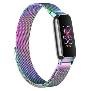 Milanese Strap, rainbow, on a watch, 3/4 front view