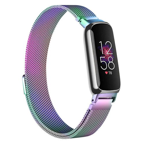 Milanese Strap, rainbow, on a watch, 3/4 front view