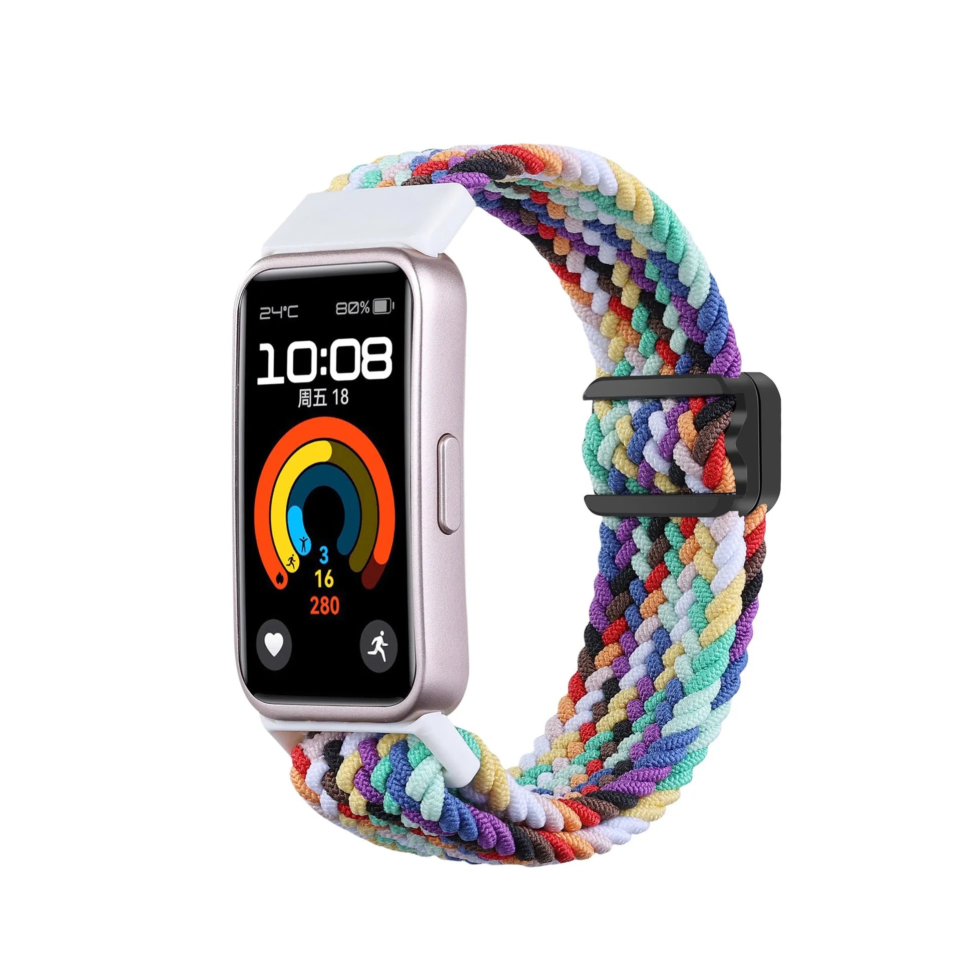 Nylon Adjustable Braided Strap, rainbow, on a watch, 3/4 front view