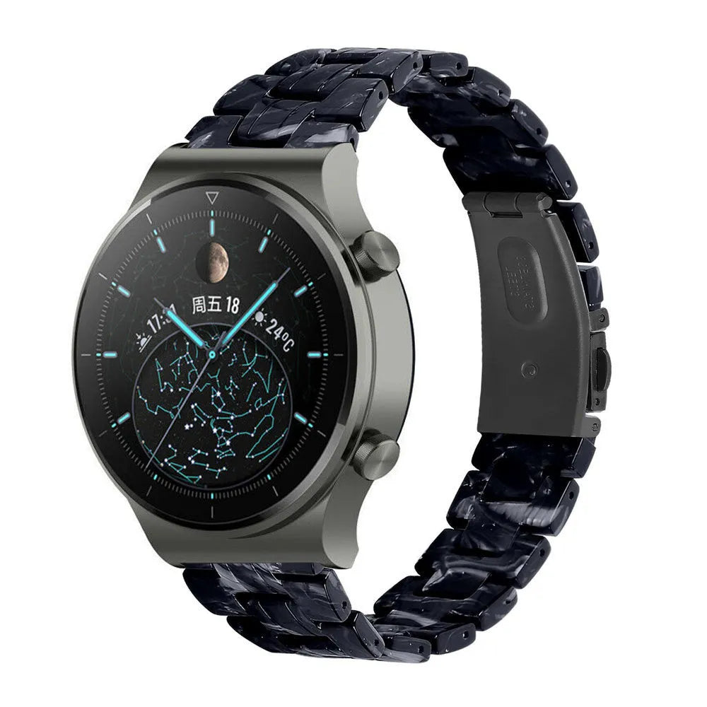 Metal Resin Strap, black/white, on a watch, 3/4 front view