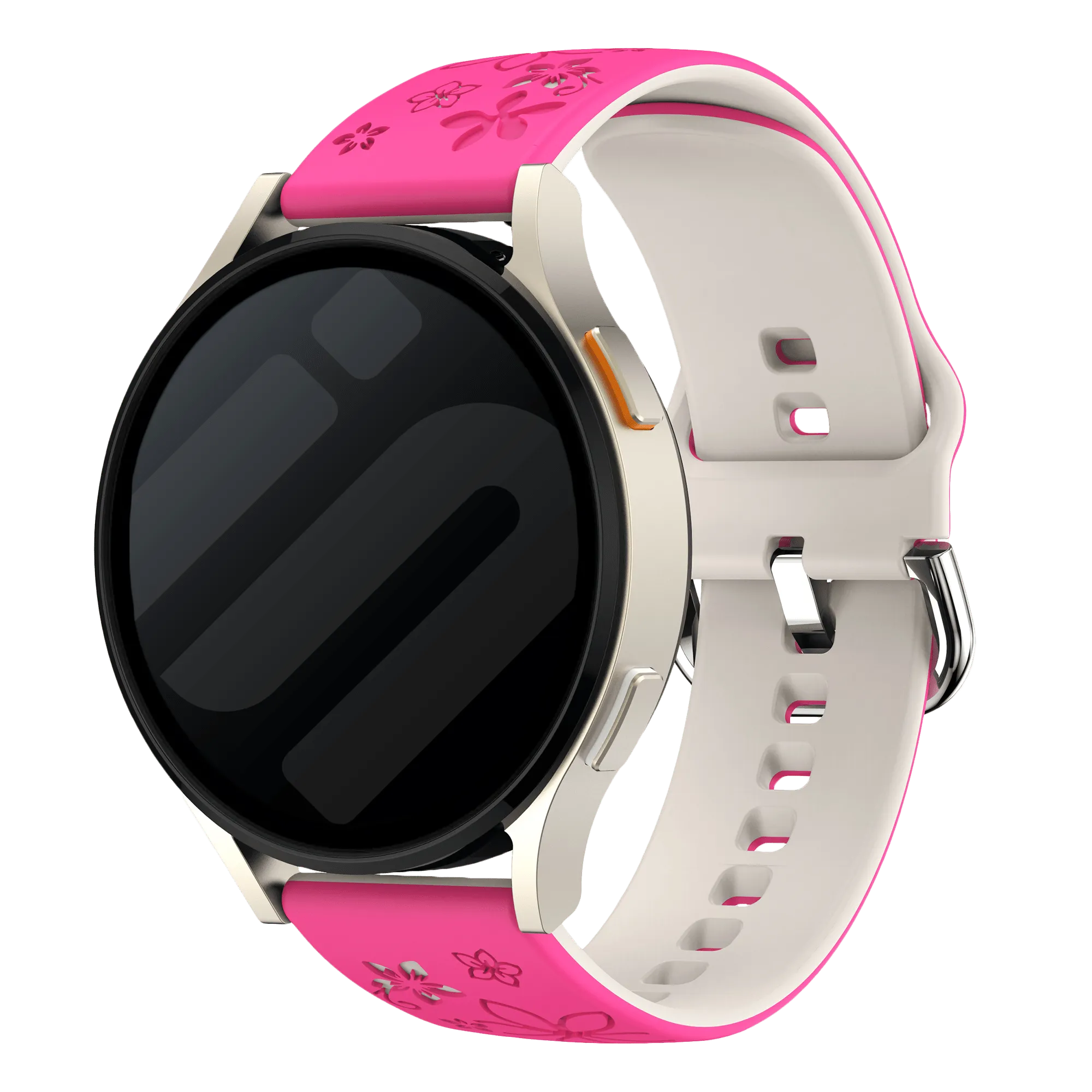 Flower Silicone Strap, bright pink/starlight, on a watch, 3/4 front view