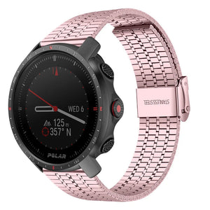 Fine Steel Strap, pink, on a watch, 3/4 front view