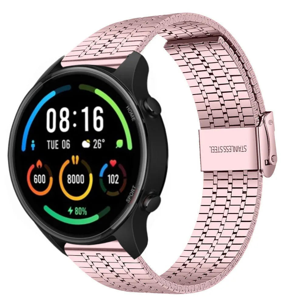Fine Steel Strap, pink, on a watch, 3/4 front view