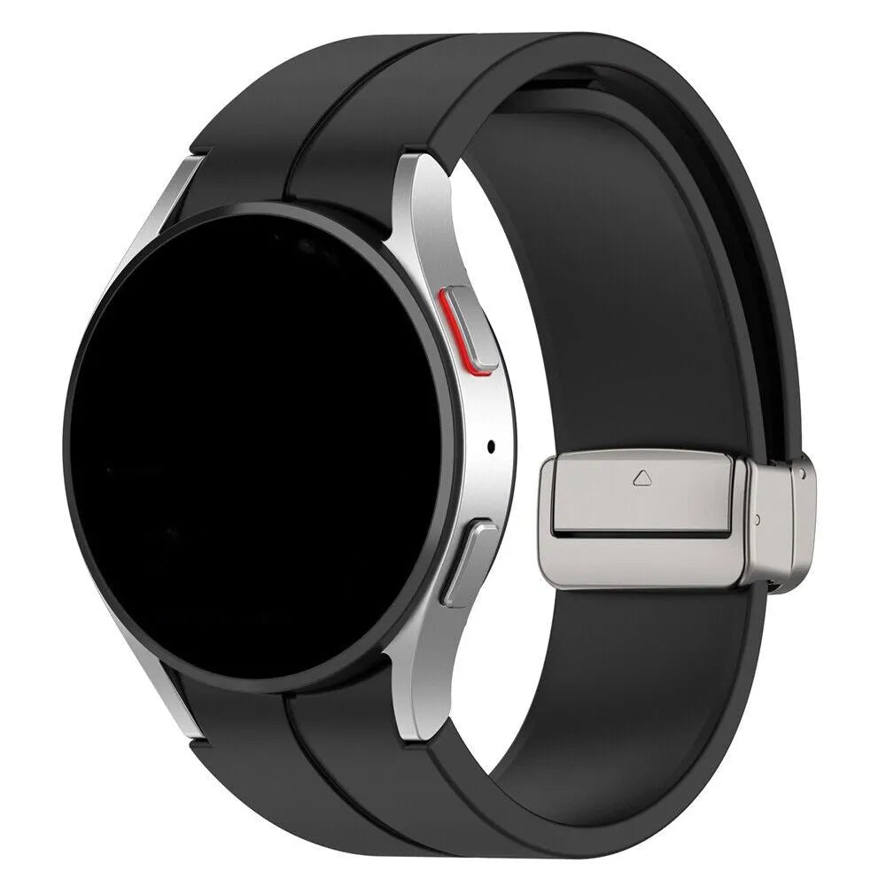 Silicone Magnetic Sport Strap, black, on a watch, 3/4 front view