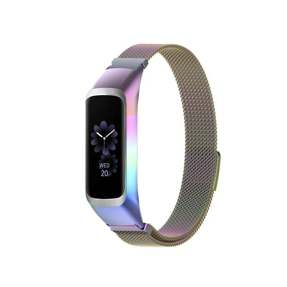 Milanese Strap, rainbow, on a watch, 3/4 front view