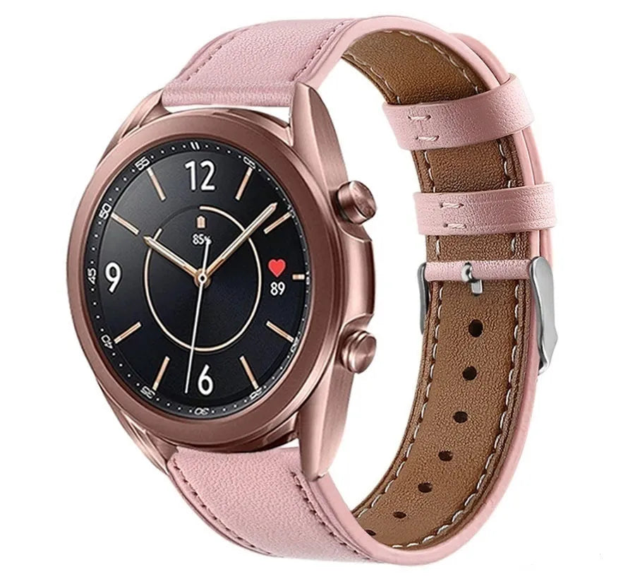 Modern Leather Strap, pink, on a watch, 3/4 front view