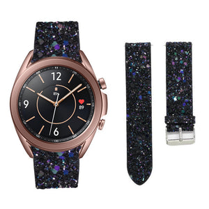Leather Strap with Glitters, black, on a watch, 3/4 front view