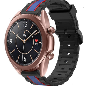 Silicone Special Edition Strap, black/blue, on a watch, 3/4 front view