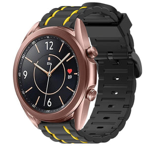 Silicone Strap 'Tough', black/yellow, on a watch, 3/4 front view