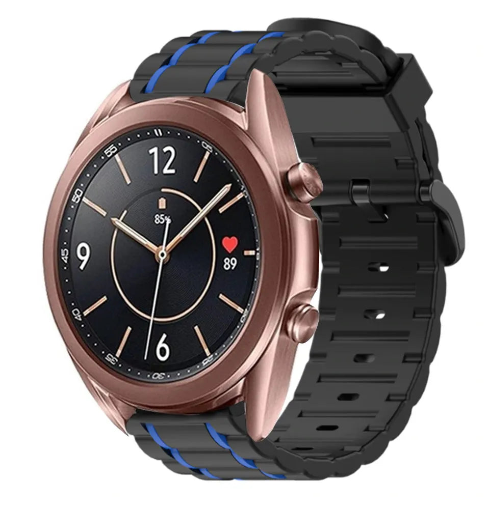 Silicone Strap 'Tough', black/blue, on a watch, 3/4 front view