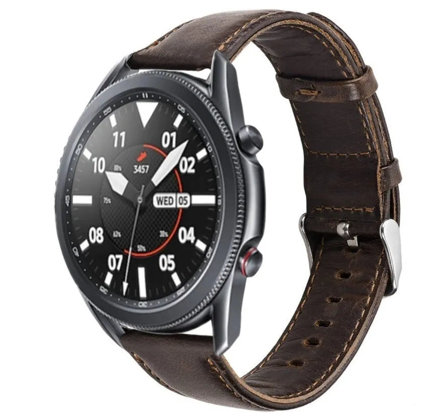 Leather Strap, dark brown, on a watch, 3/4 front view