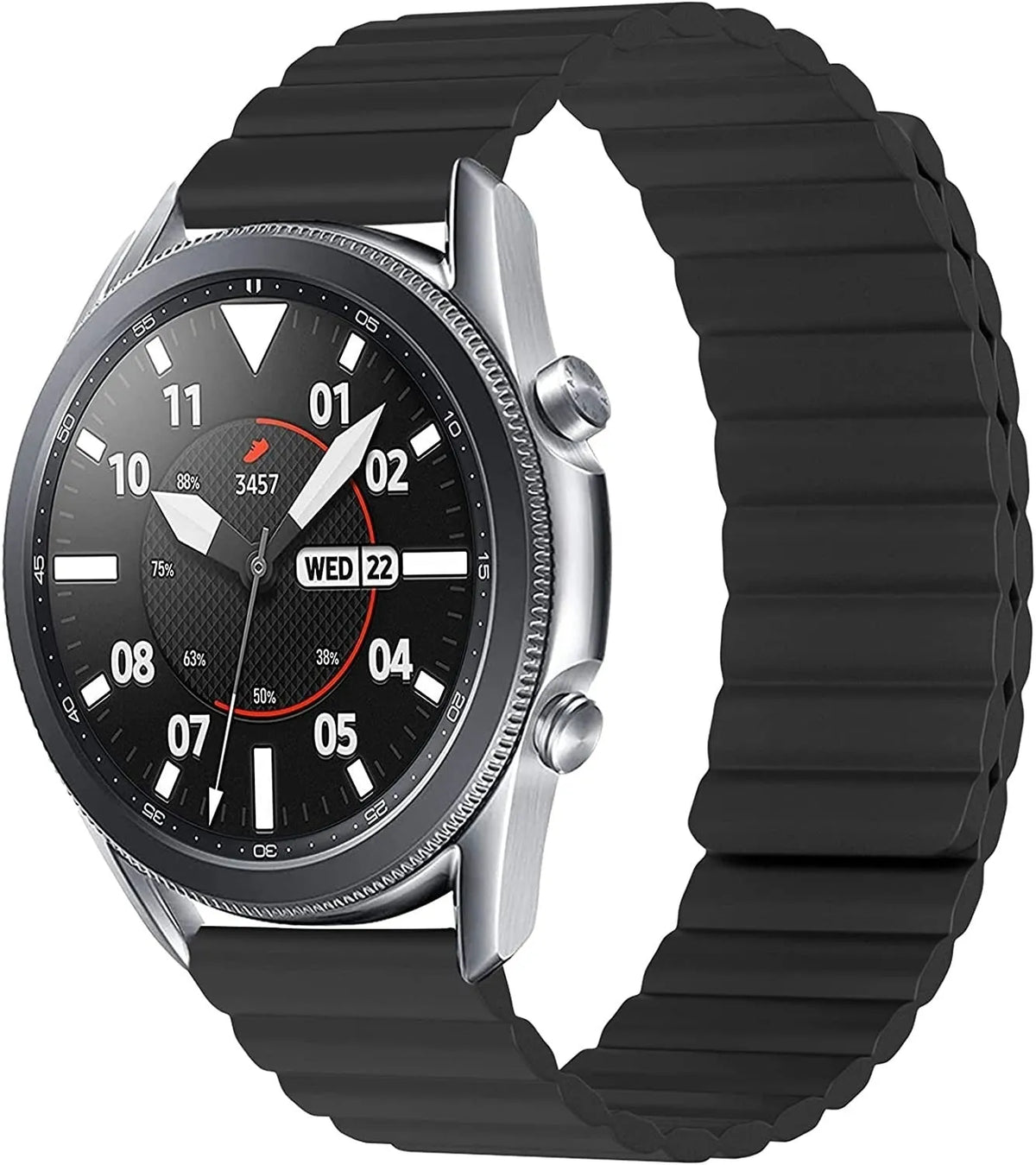 Magnetic Silicone Strap, black, on a watch, 3/4 front view