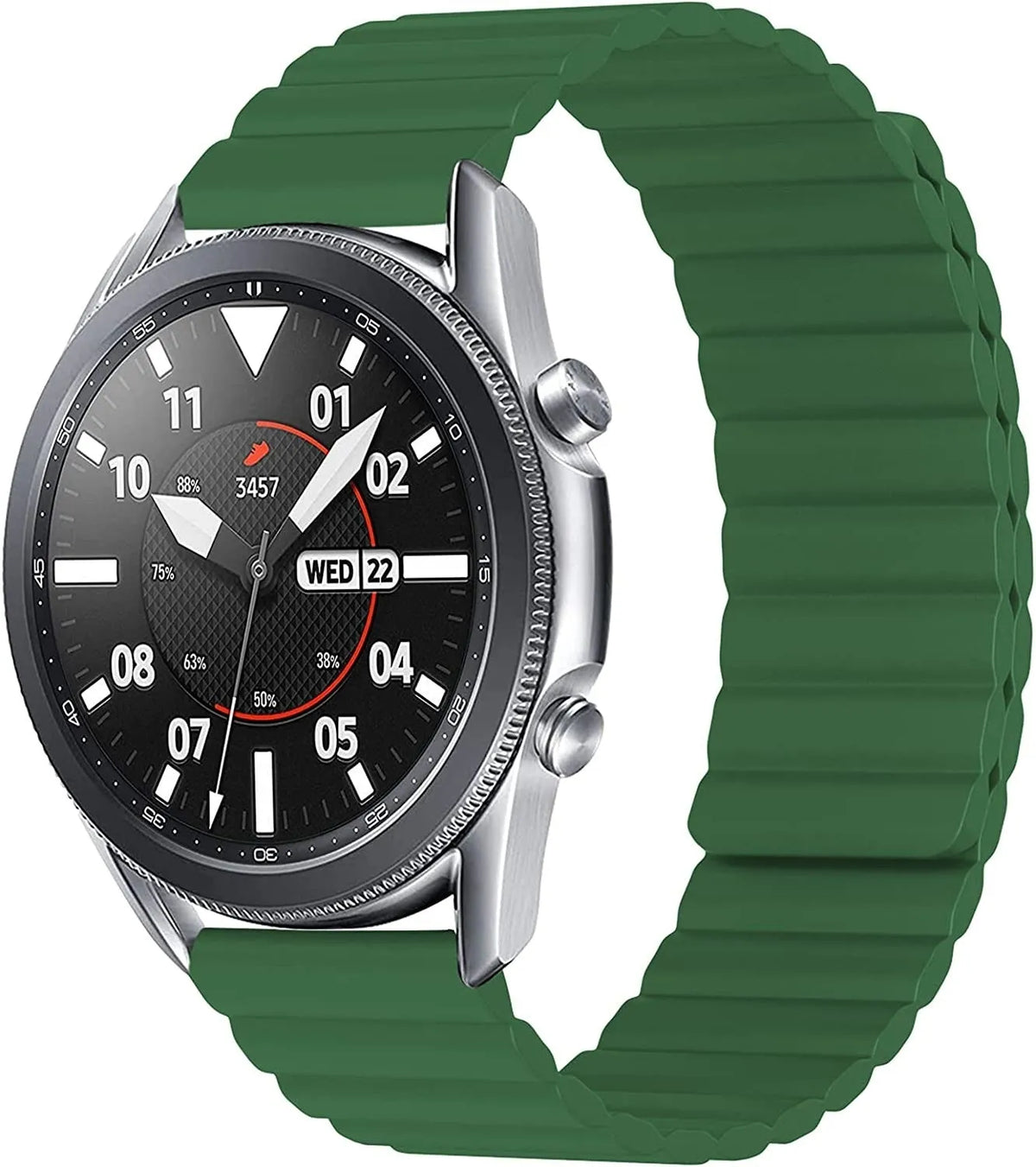 Magnetic Silicone Strap, green, on a watch, 3/4 front view