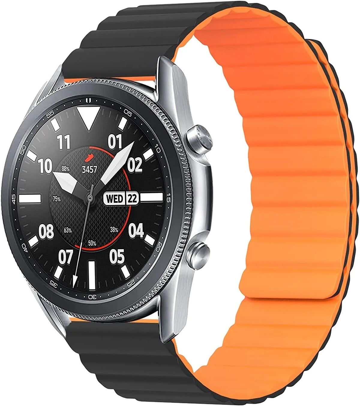 Magnetic Silicone Strap, black/orange, on a watch, 3/4 front view