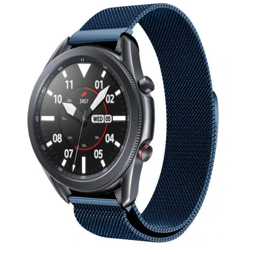 Milanese Strap, blue, on a watch, 3/4 front view