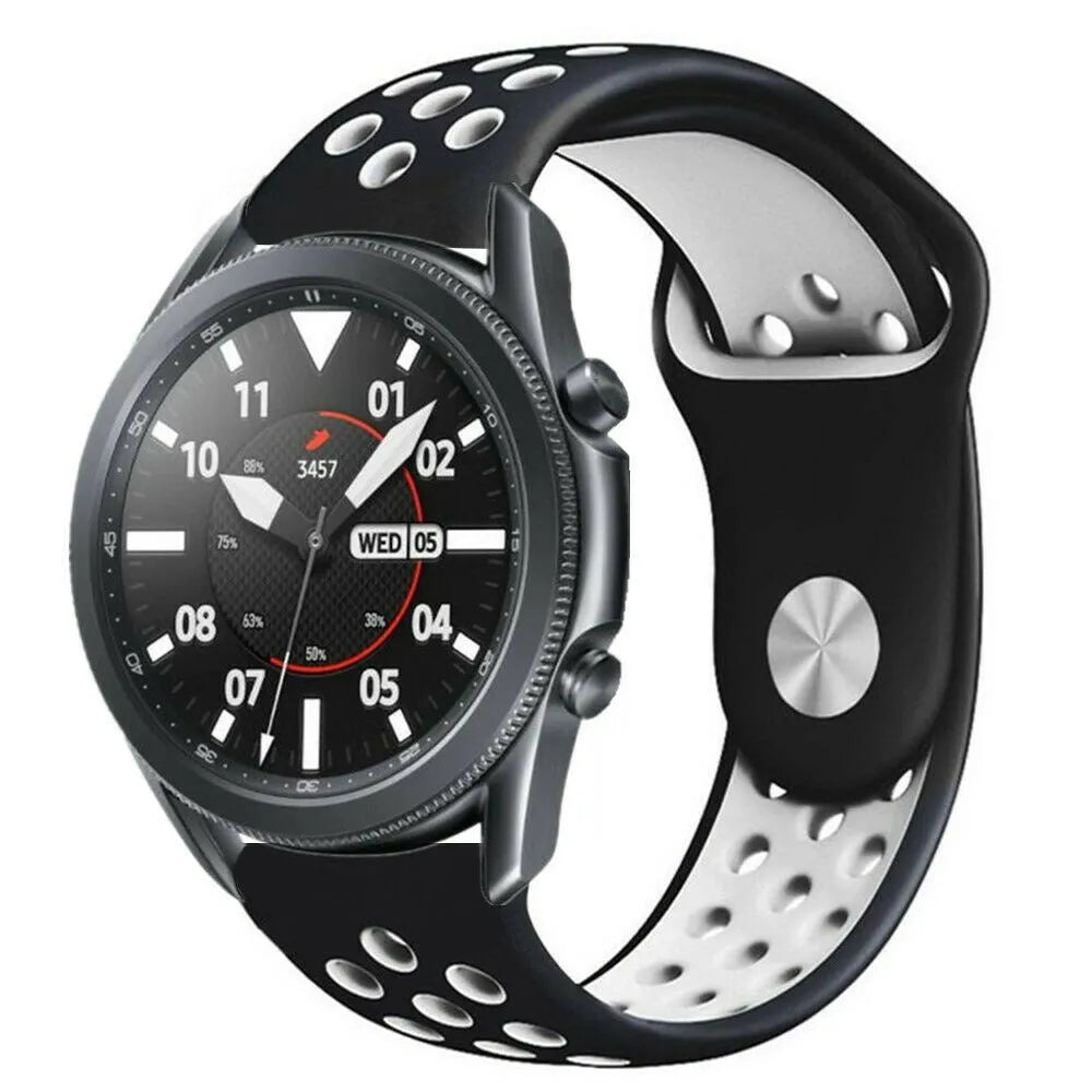 Silicone Sport Strap, black/white, on a watch, 3/4 front view