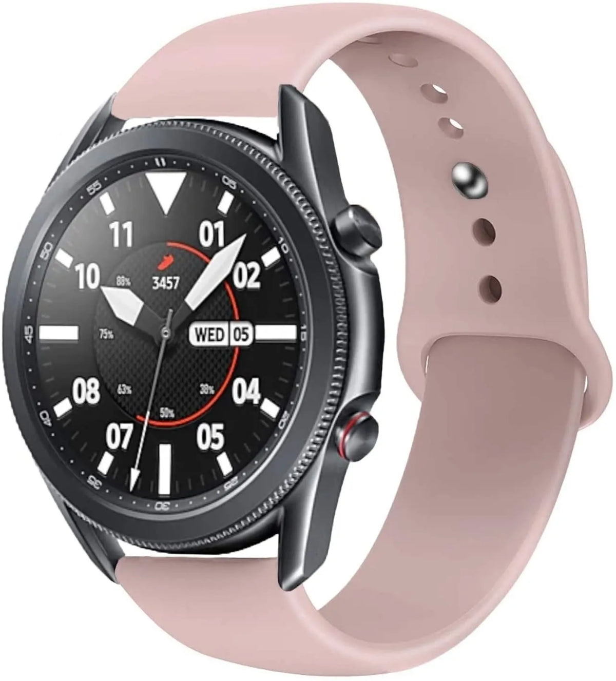 Silicone Sport Strap, pink, on a watch, 3/4 front view