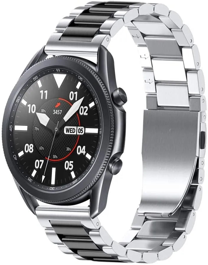 Steel Strap, silver/black, on a watch, 3/4 front view