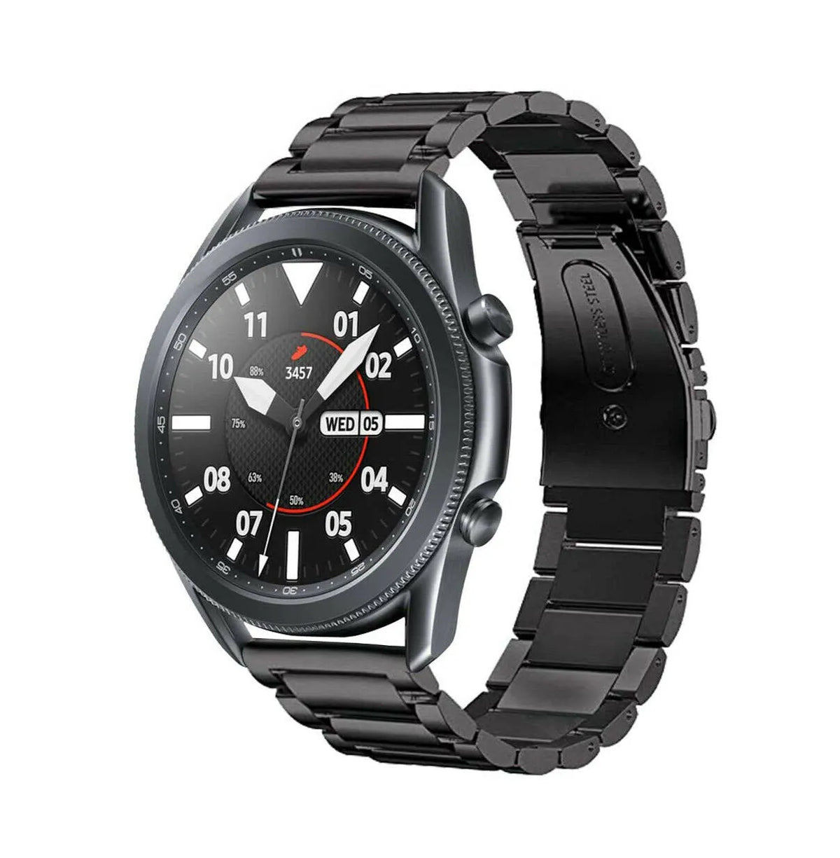 Titanium Strap, black, on a watch, 3/4 front view