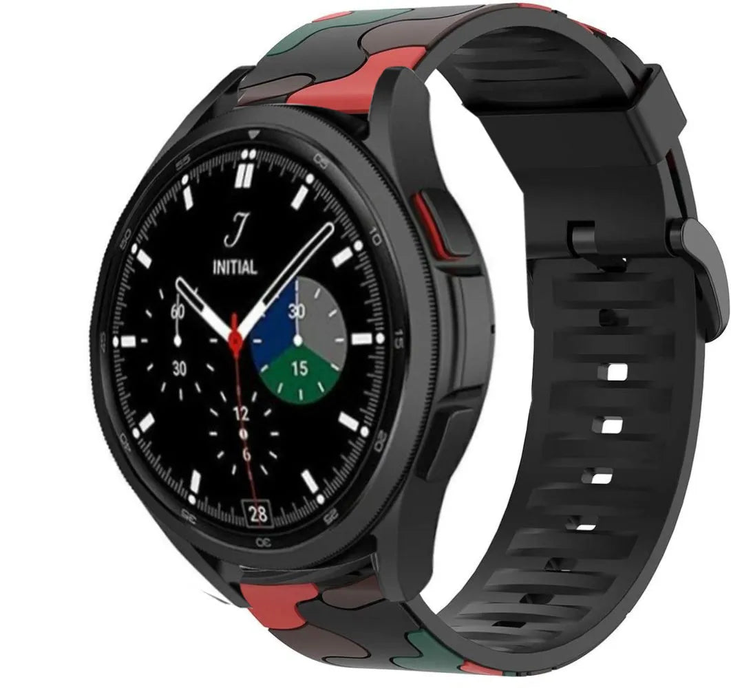 Silicone Camo Strap, red, on a watch, 3/4 front view