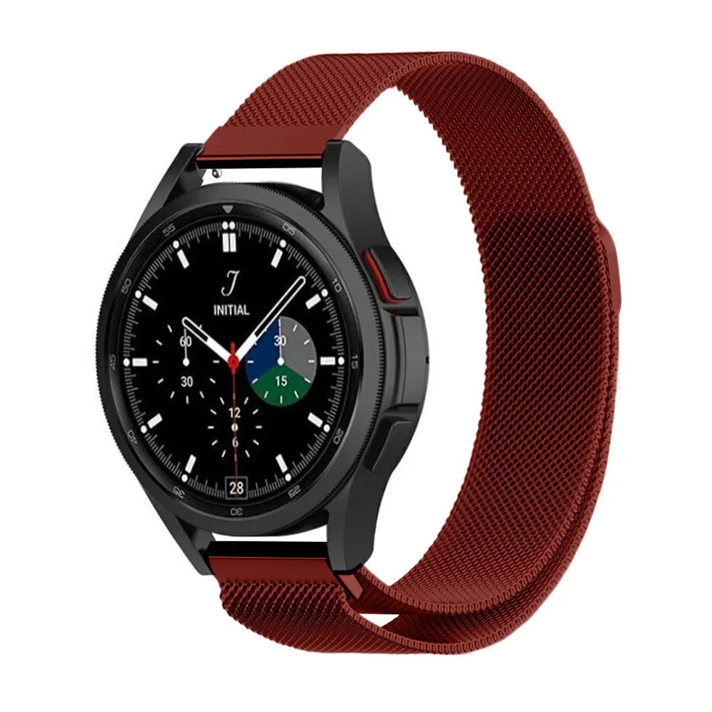 Milanese Strap, red, on a watch, 3/4 front view