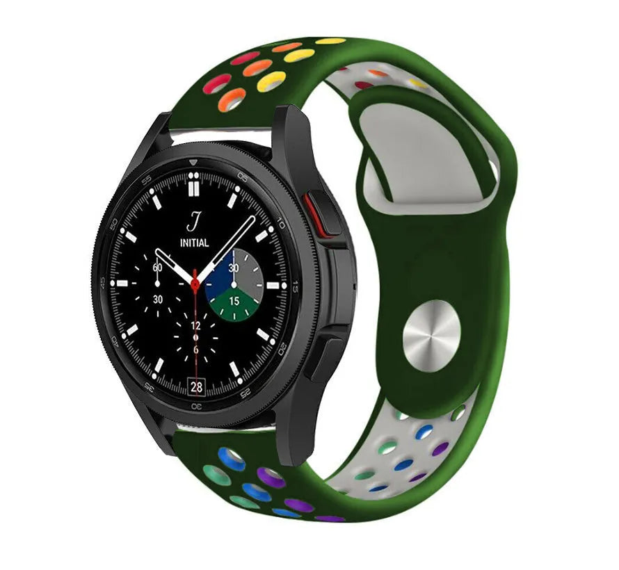 Silicone Sport Strap, army green/colourful, on a watch, 3/4 front view