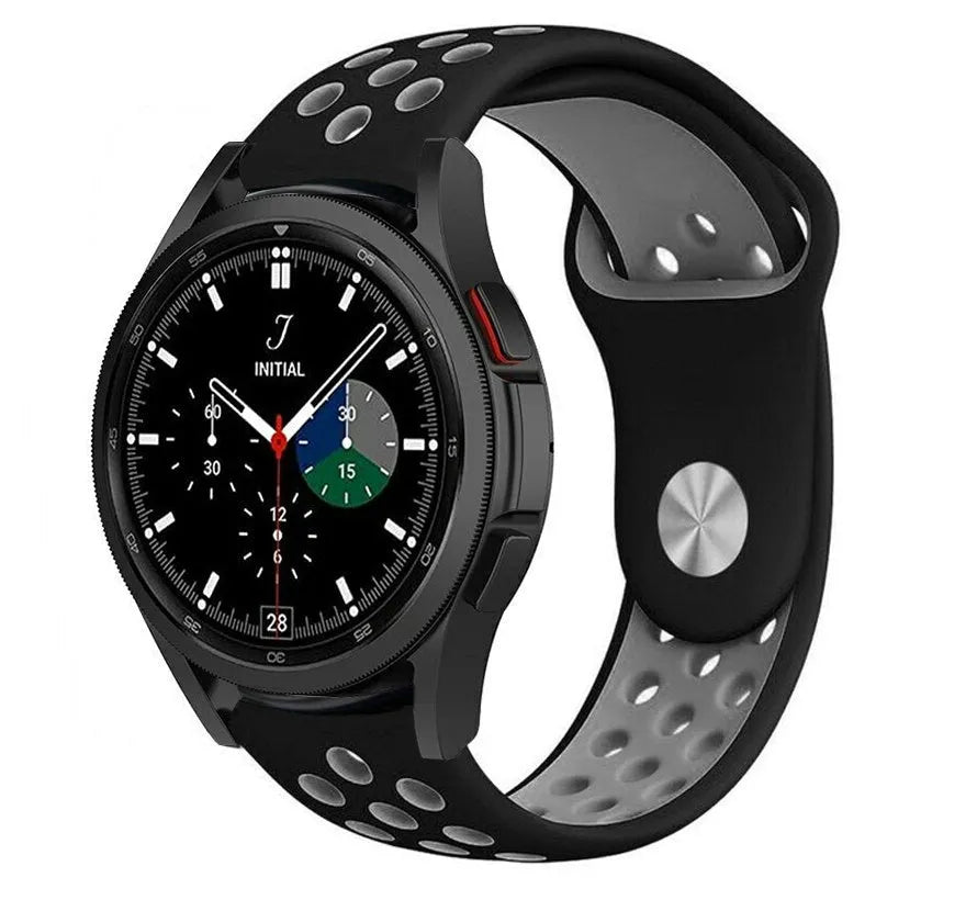 Silicone Sport Strap, black/grey, on a watch, 3/4 front view