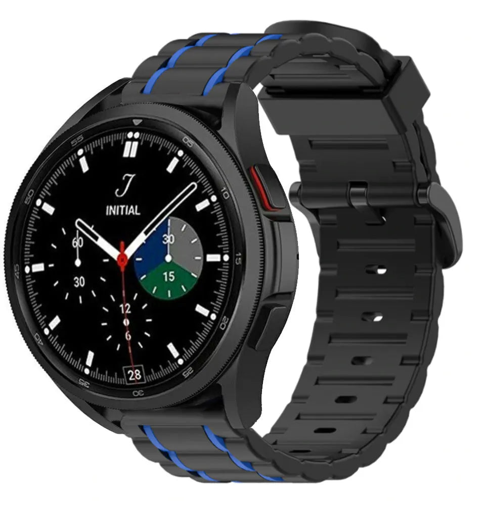 Silicone Strap 'Tough', black/blue, on a watch, 3/4 front view