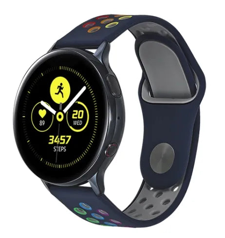 Silicone Sport Strap, dark blue/colourful, on a watch, 3/4 front view