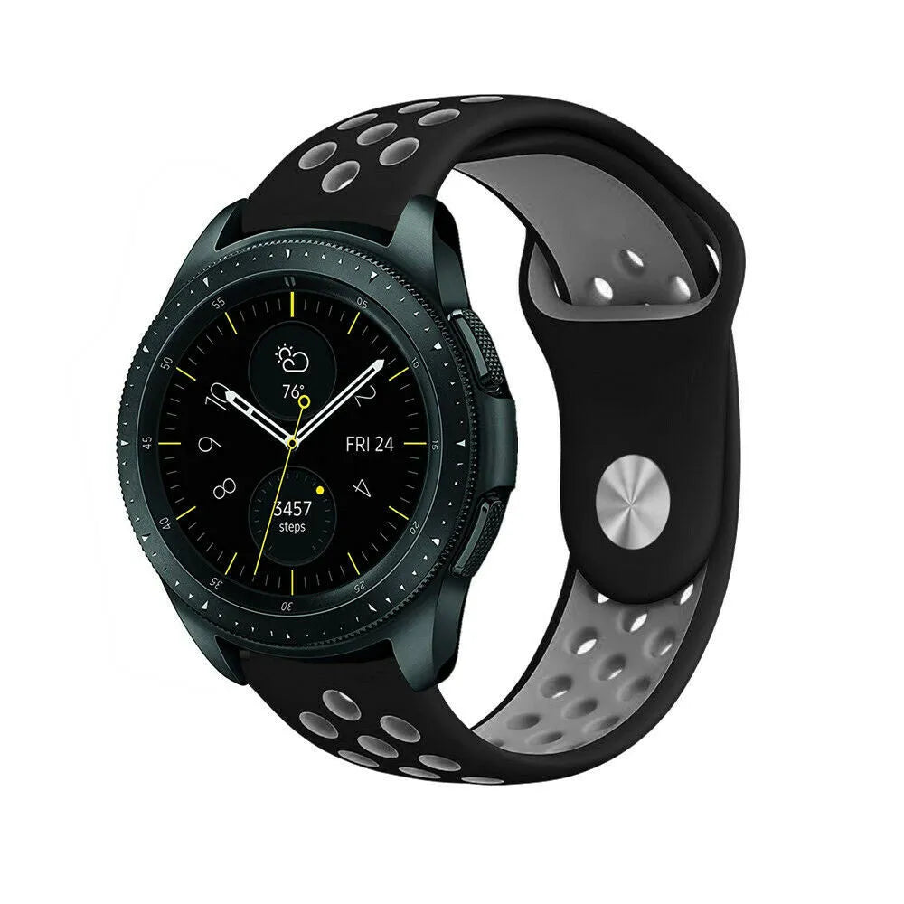 Silicone Sport Strap, black/grey, on a watch, 3/4 front view