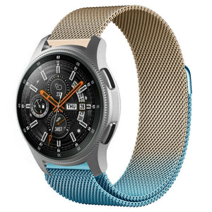 Milanese Strap, blue/gold, on a watch, 3/4 front view