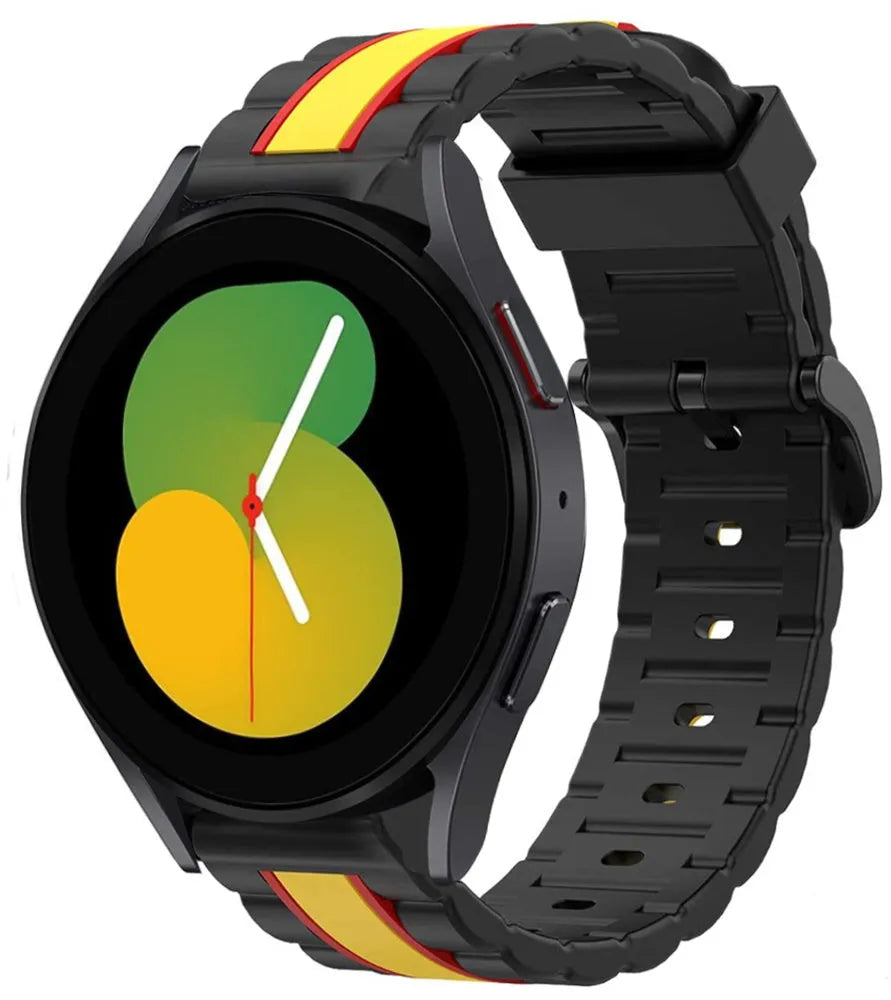 Silicone Special Edition Strap, black/yellow, on a watch, 3/4 front view