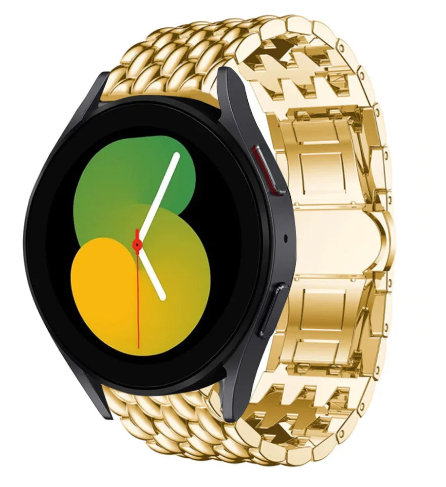 Steel Dragon Strap, gold, on a watch, 3/4 front view