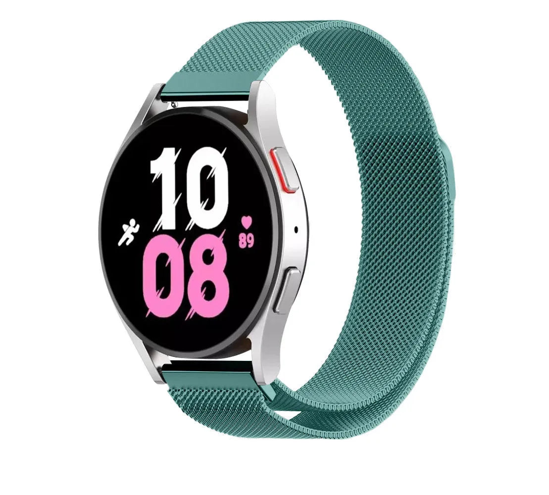Milanese Strap, green, on a watch, 3/4 front view