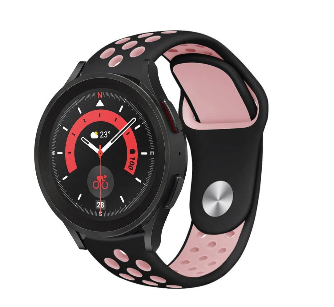 Silicone Sport Strap, black/pink, on a watch, 3/4 front view