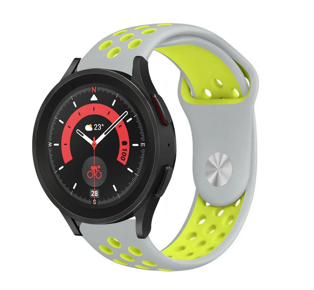 Silicone Sport Strap, grey/yellow, on a watch, 3/4 front view