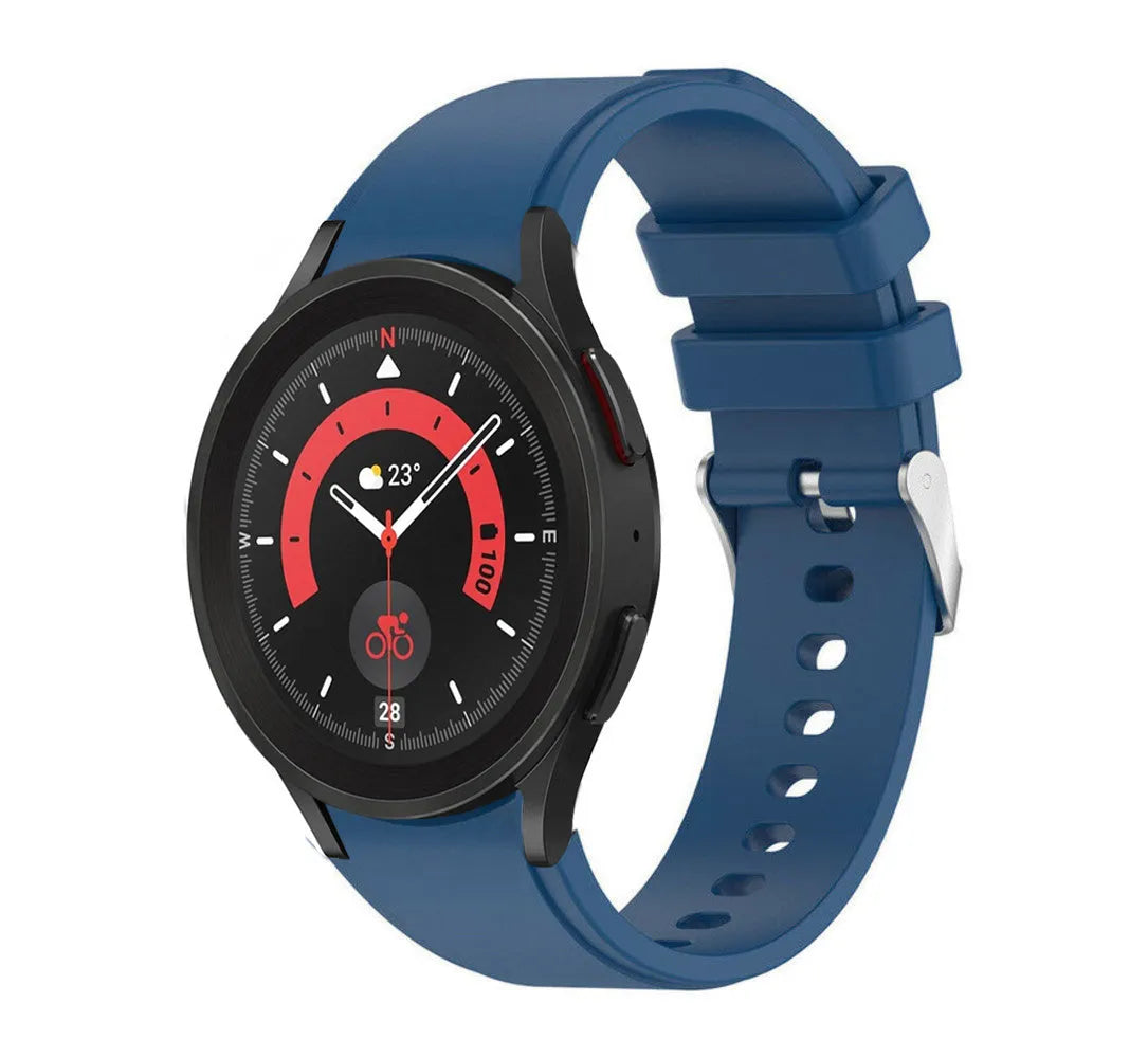 Silicone Strap 'Perfect Fit', blue, on a watch, 3/4 front view