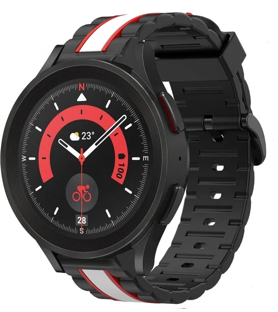 Silicone Special Edition Strap, black/white, on a watch, 3/4 front view