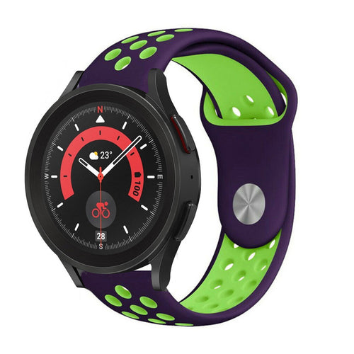 Silicone Sport Strap, purple/green, on a watch, 3/4 front view