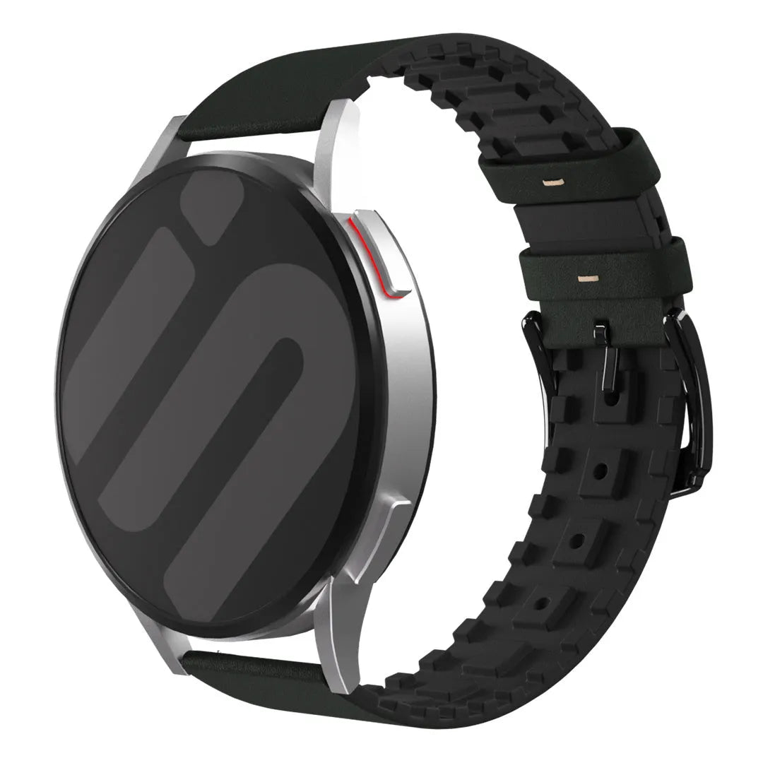 Leather Hybrid Strap, black/green, on a watch, 3/4 front view