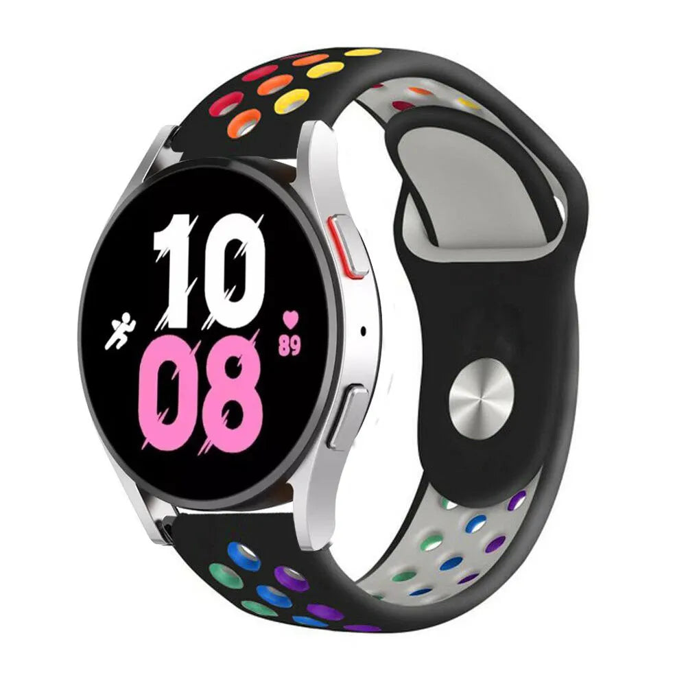 Silicone Sport Strap, black/colourful, on a watch, 3/4 front view