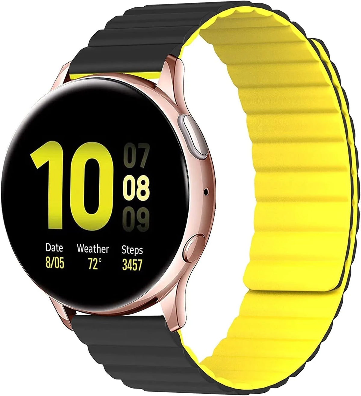 Magnetic Silicone Strap, black/yellow, on a watch, 3/4 front view