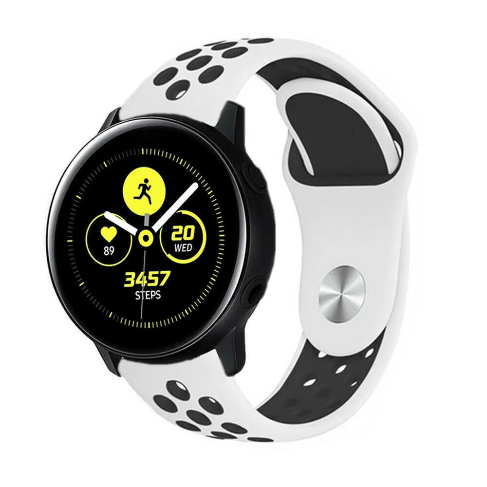 Silicone Sport Strap, white/black, on a watch, 3/4 front view