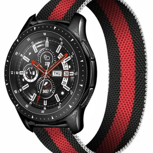 Milanese Strap, black/red, on a watch, 3/4 front view