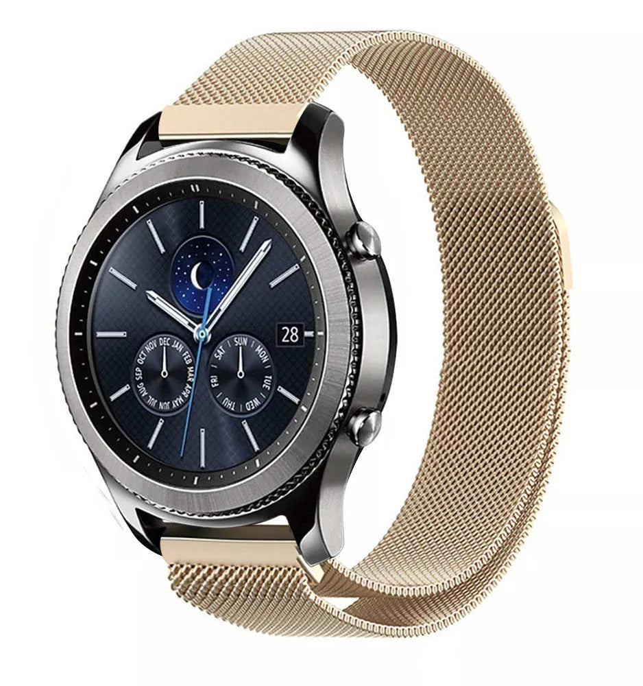 Milanese Strap, champagne, on a watch, 3/4 front view