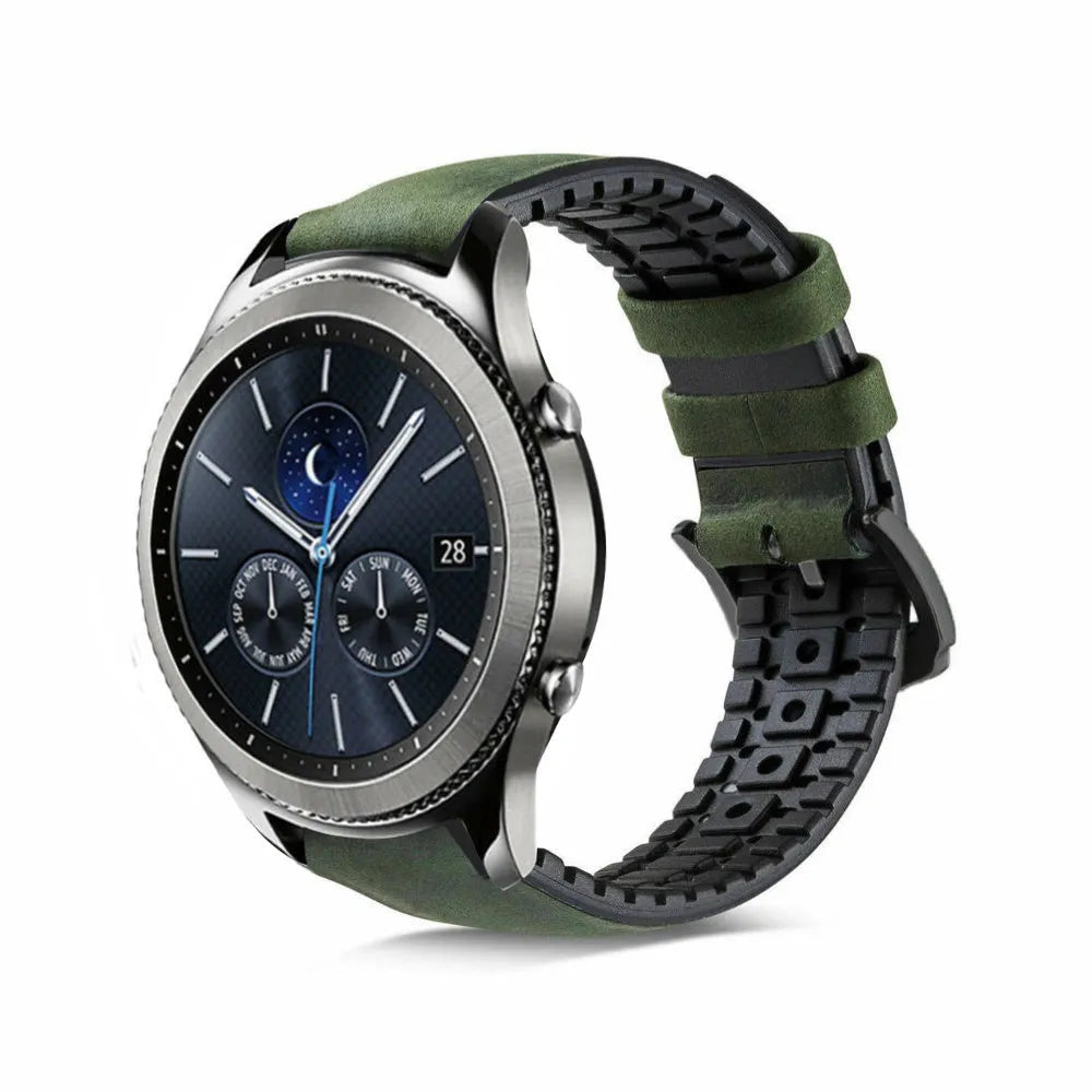Leather / Silicone Strap, black/green, on a watch, 3/4 front view