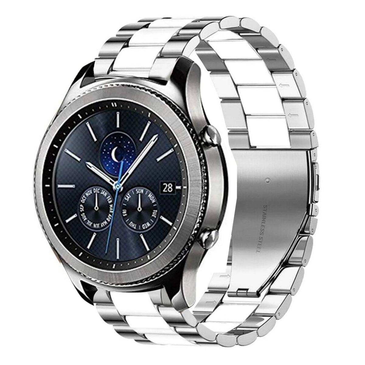 Steel Strap, silver/white, on a watch, 3/4 front view