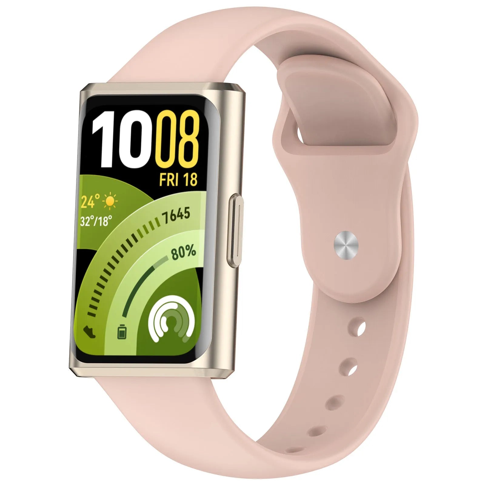 Silicone Sport Strap, soft pink, on a watch, 3/4 front view